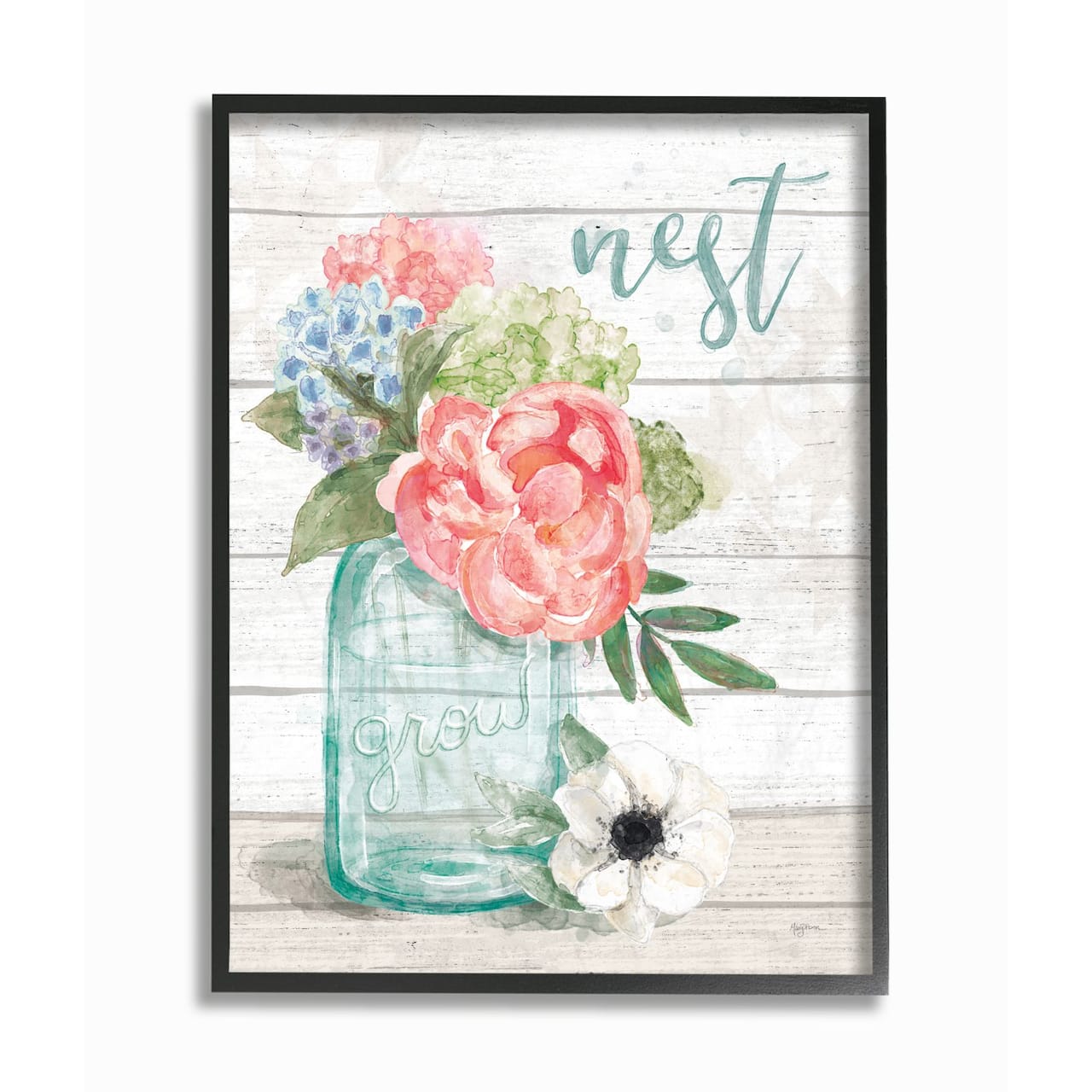 Stupell Industries Nest Grow Flower Jar Rustic Wood Textured Word Design Black Framed Wall Art